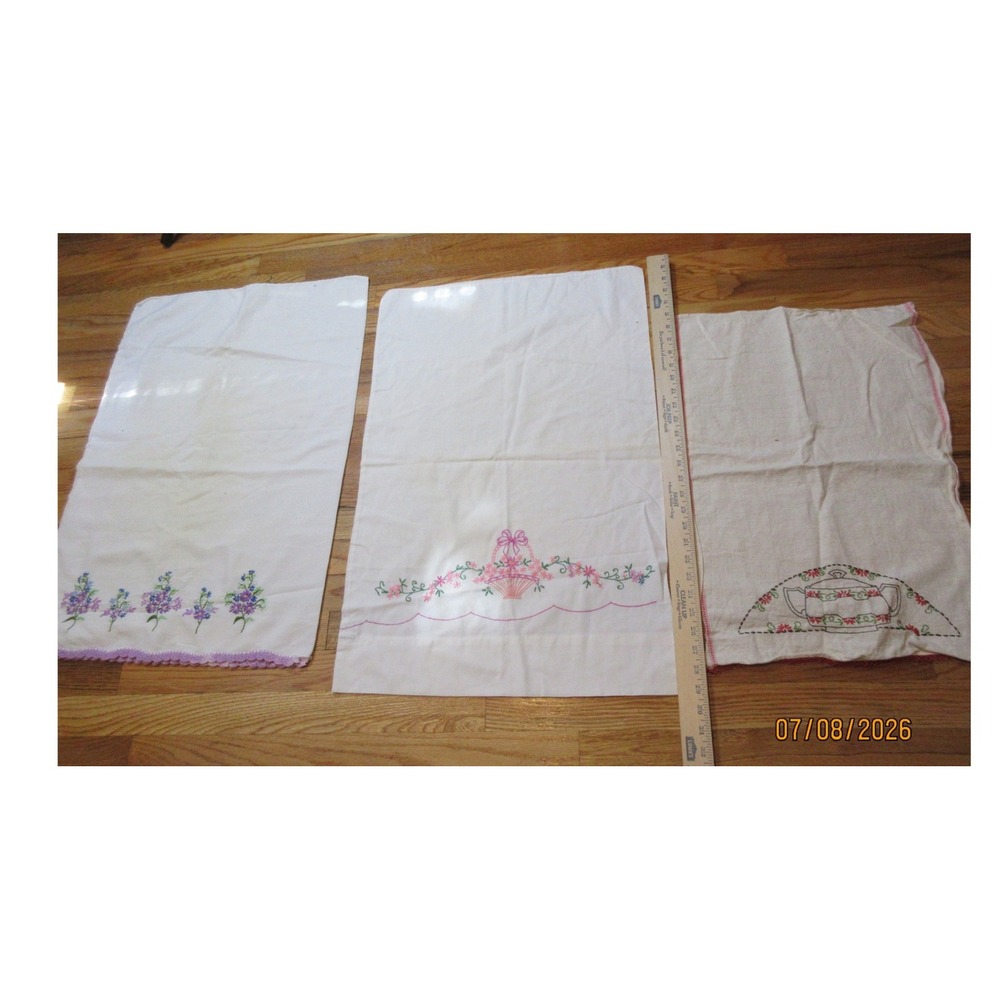 Vintage Hand Embroidered Pillowcase Tea Towel Lot Floral Cottagecore White 3pc